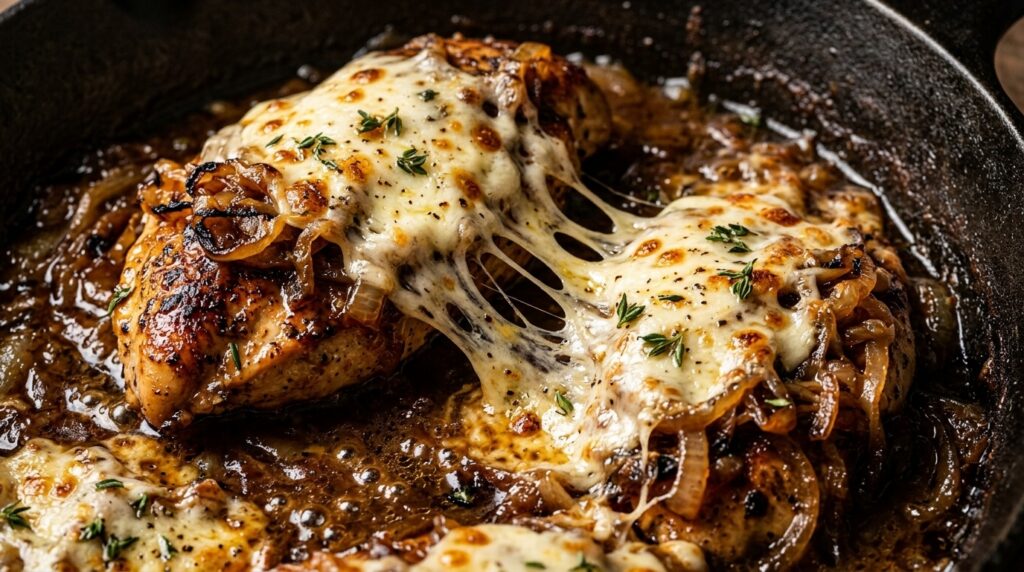 One-skillet French onion chicken with caramelized onions, savory beef pan gravy, and bubbling melted Gruyère cheese