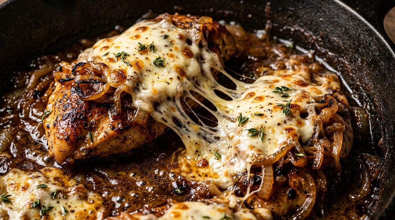 One-skillet French onion chicken with caramelized onions, savory beef pan gravy, and bubbling melted Gruyère cheese
