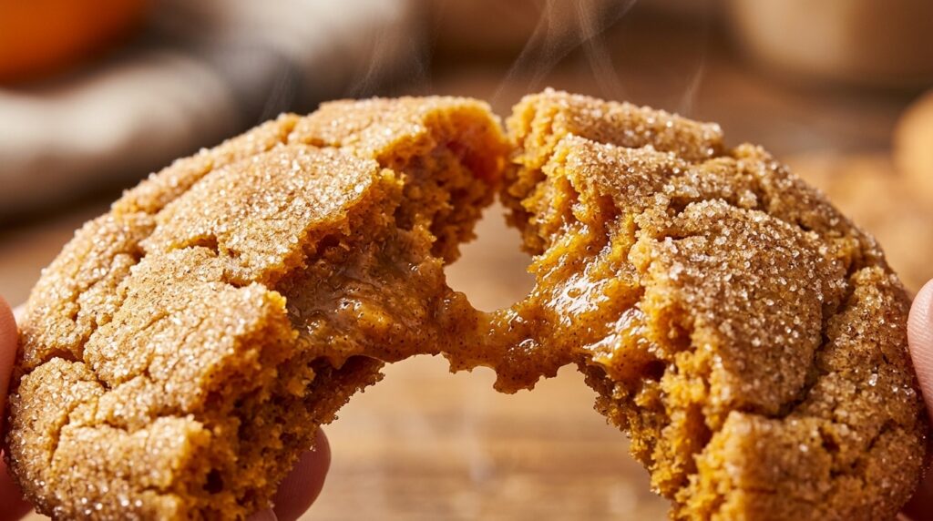 Ultra close-up macro view of soft chewy pumpkin snickerdoodle cookie broken open revealing gooey spiced orange crumb and sparkling cinnamon sugar crinkles