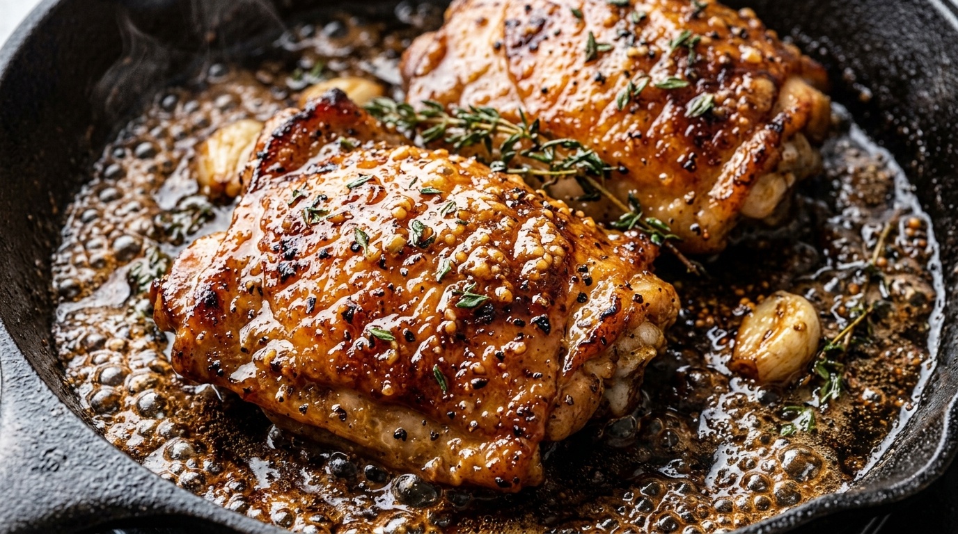 Sticky honey mustard glazed chicken thighs simmering in cast iron skillet with bubbling amber glaze and fresh thyme