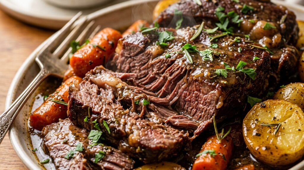 Ultra close-up macro view of succulent melt-in-your-mouth tender slow cooker beef pot roast with savory brown herb gravy, glazed carrots, and baby potatoes