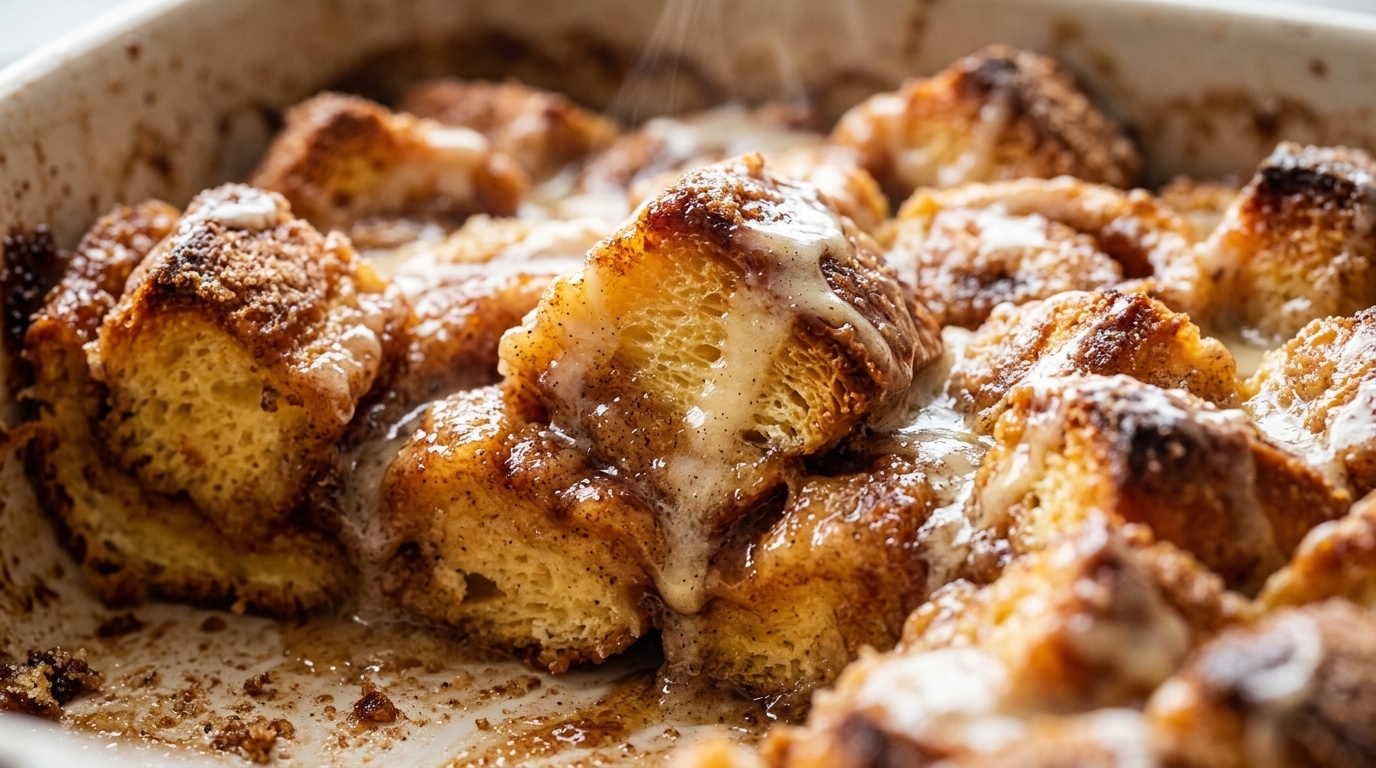 Warm apple cinnamon roll bread pudding bake in a baking dish drizzled with gooey vanilla cream cheese icing and toasted pecans