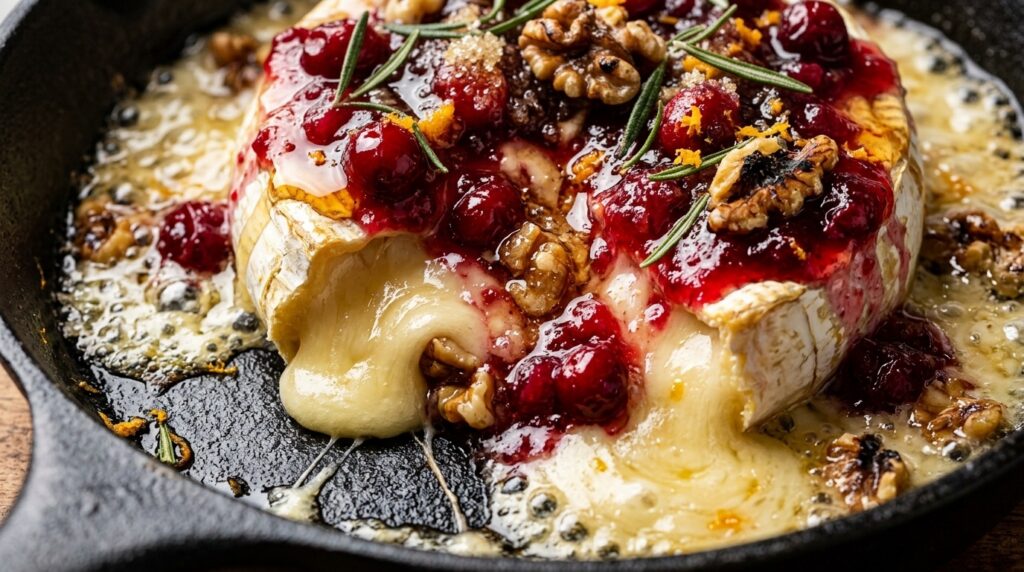 Warm honey cranberry baked brie oozing melted cheese topped with spiced pecans and fresh rosemary