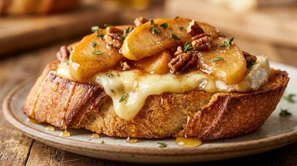 Ultra close-up macro view of toasted French baguette crostini with melting warm brie cheese, caramelized cinnamon apples, toasted pecans, and dripping honey