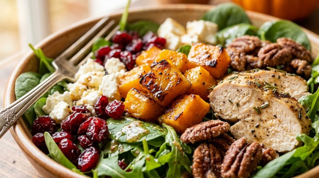 Ultra close-up macro view of warm roasted butternut squash harvest salad with sliced grilled chicken breast, crumbled feta cheese, candied pecans, and dried cranberries