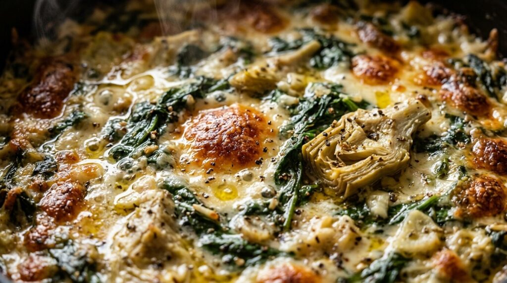 Warm slow cooker spinach artichoke dip bubbling with molten mozzarella and golden parmesan crust