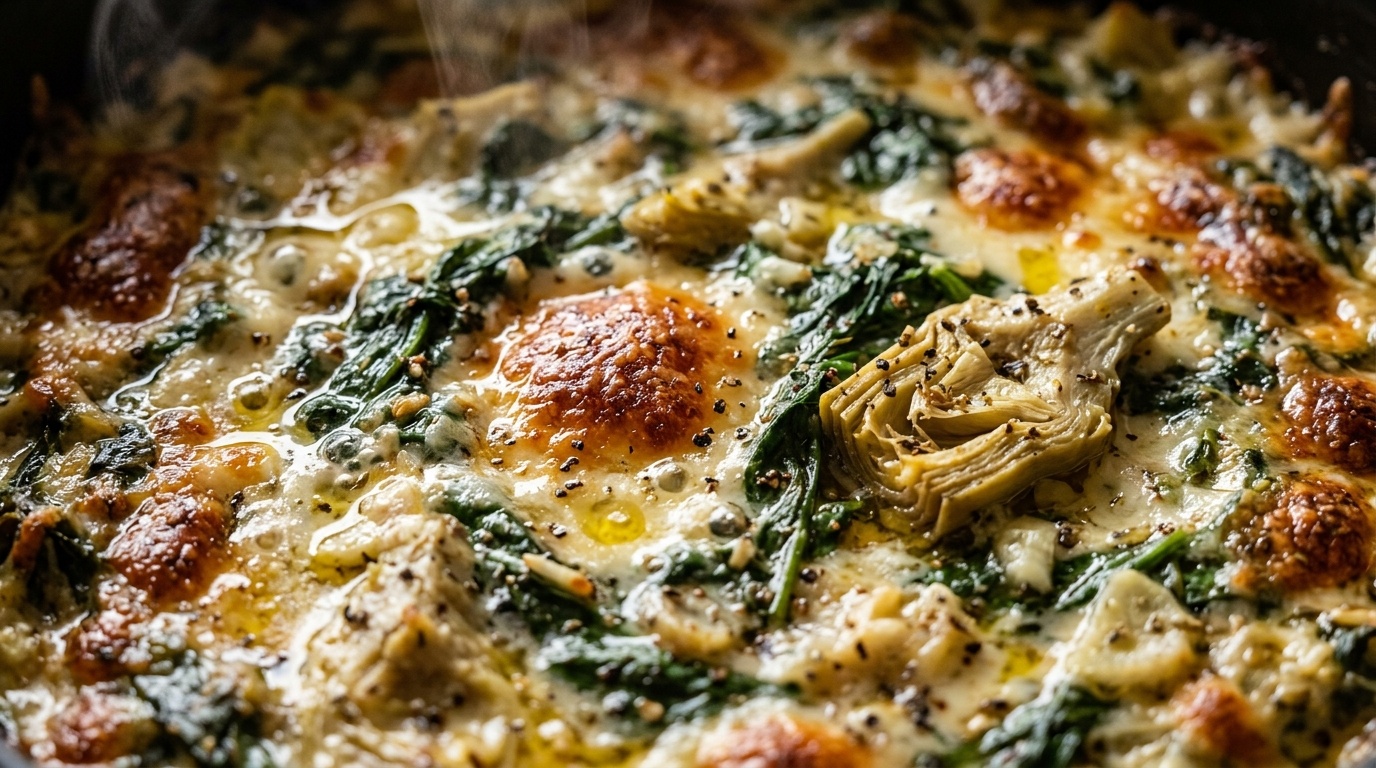 Warm slow cooker spinach artichoke dip bubbling with molten mozzarella and golden parmesan crust